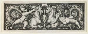 Ornament met twee genii rijdend op twee chimera